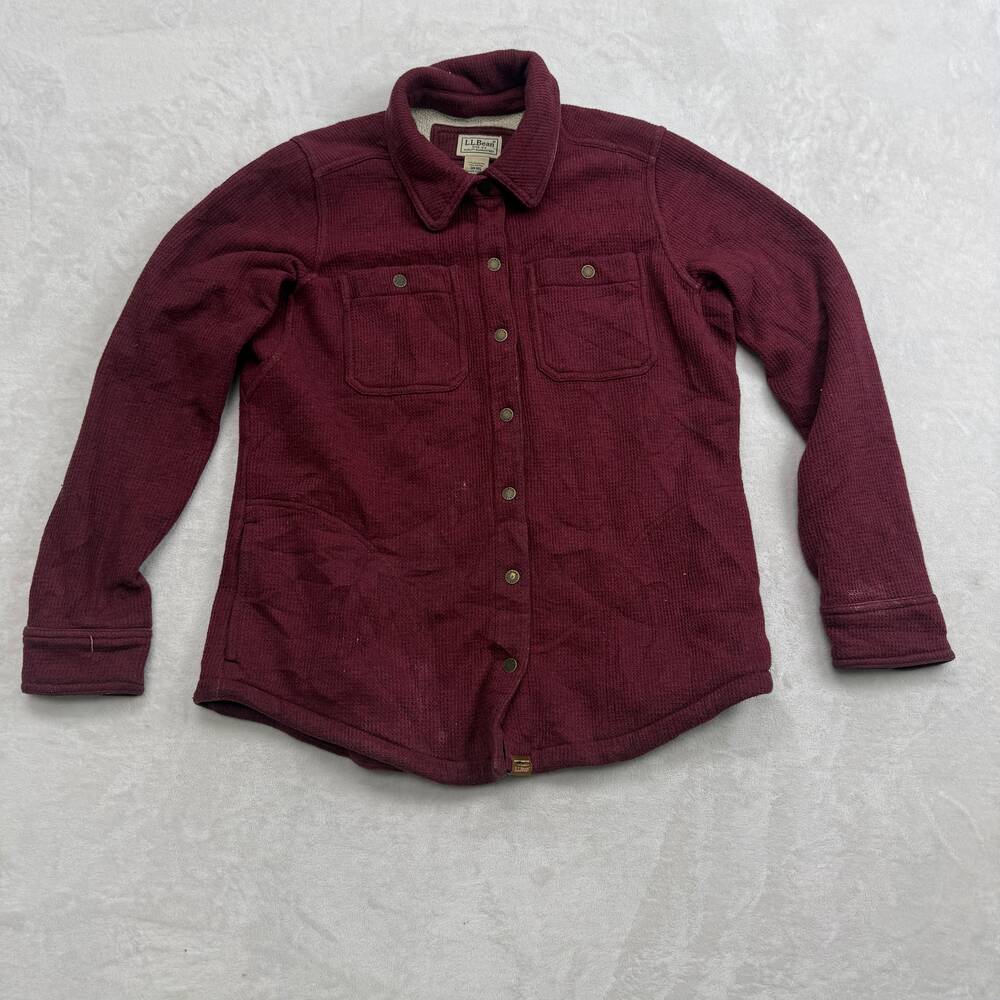 L.L. Bean Women's Shacket Jacket Burgundy Size S Sherpa Lined Waffle Knit Fleece
